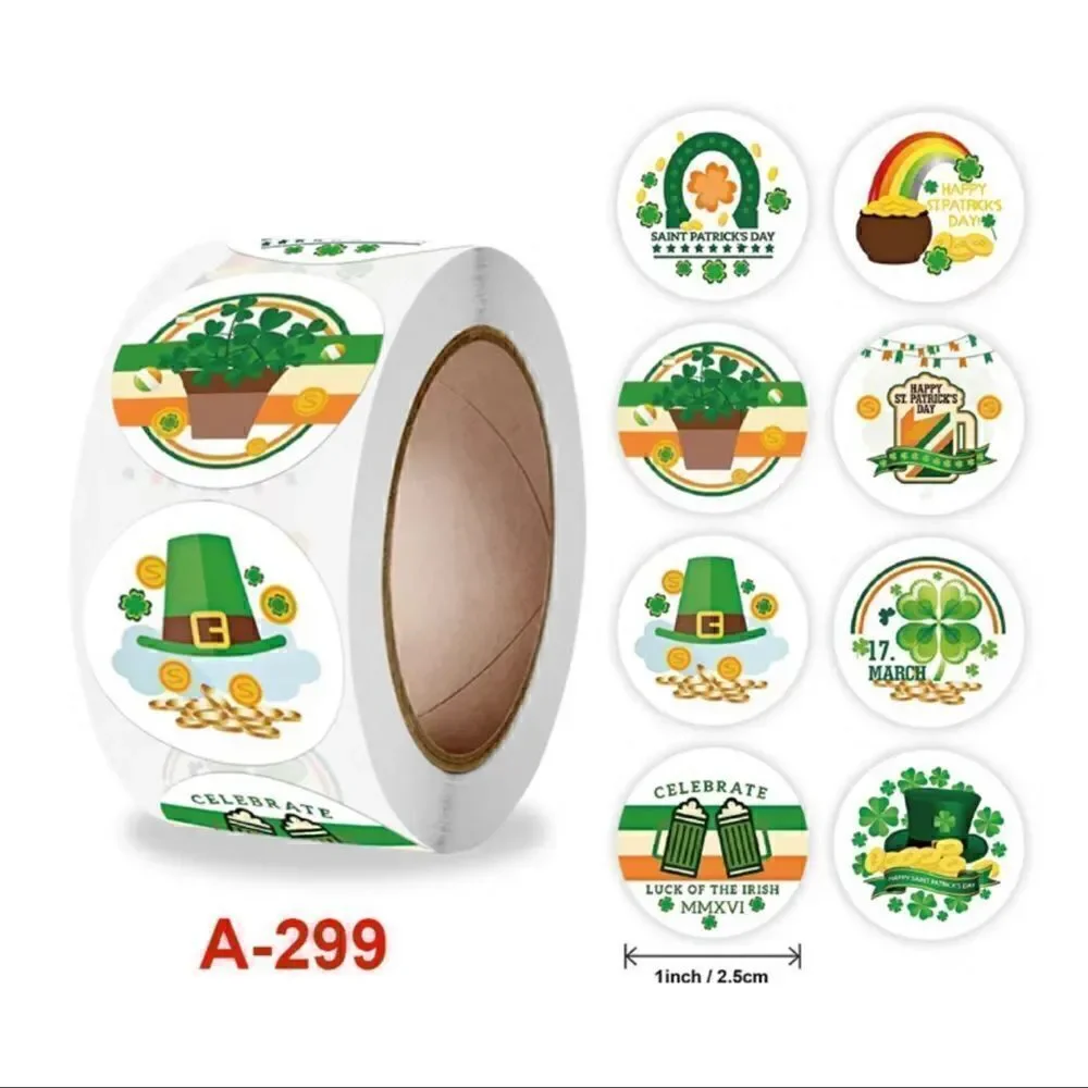 500 St. Patrick's Day Sticker Roll, 1 Inch 8 Styles Irish Green Shamrock